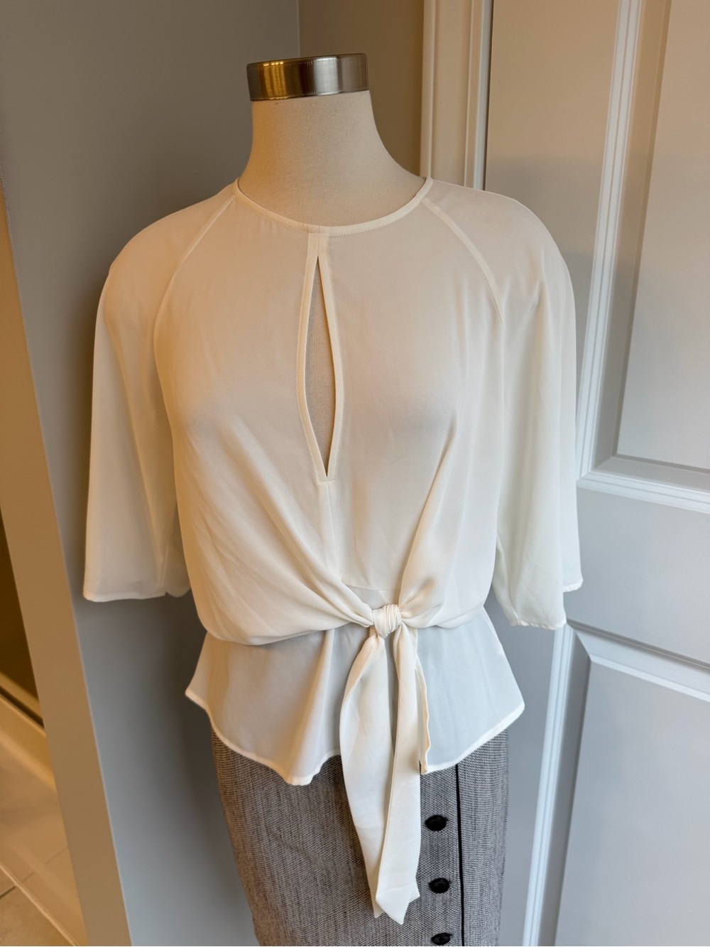 Express Ivory Keyhole Tie-Front Blouse